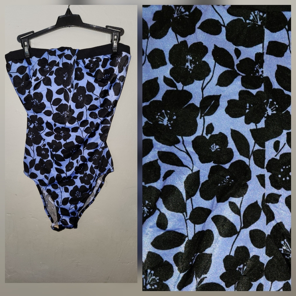 Vintage Roxanna 1980s Indigo Blue Black Flower Strapless One-Piece Swimsuit